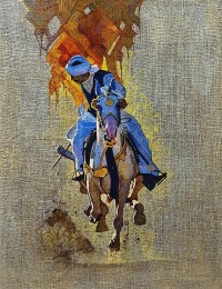 Tariq Mahmood, 36 x 48, Oil on Jute, Buzkashi Painting, AC-TMD-031